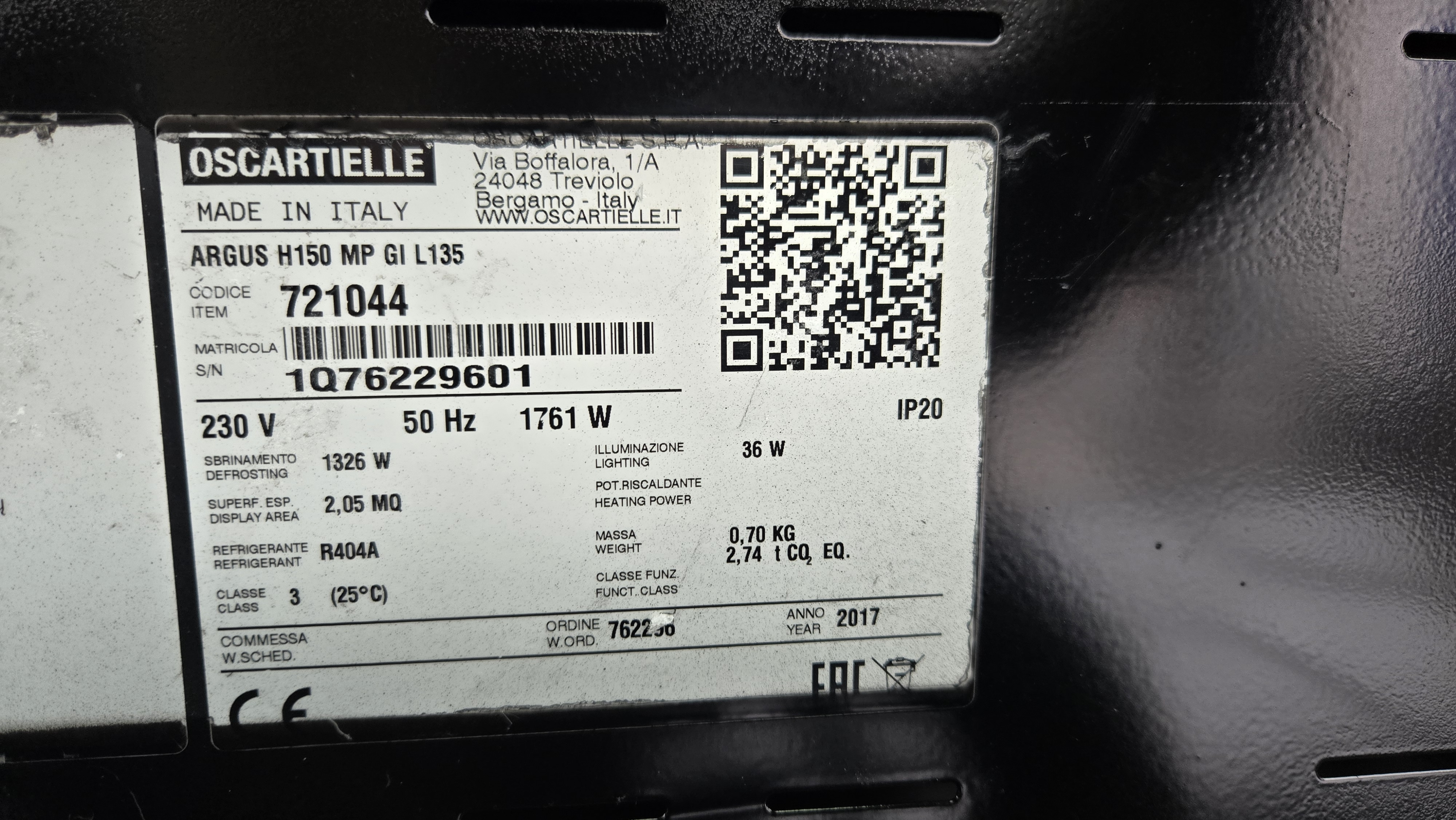 Полу вертикална Хладилна Витрина Oscartielle ARGUS 135x875x1510mm , Plug-in